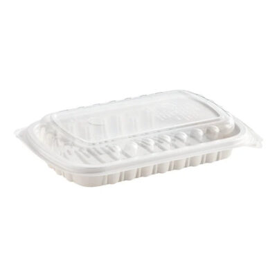 Half Slab Rib Container – MFPP Base, Vented, Dome PP Lid, White, 10 in x 7.1 in x 2.1 in, 90 Sets