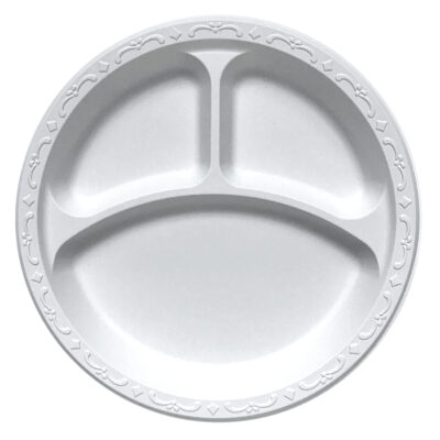 Pebble Plate – 10.25″, White, 3-Comp, Ivory, 400/Case