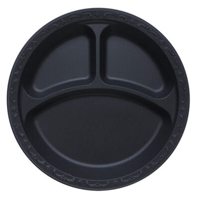 Pebble Plate – 10.25″, Black, 3-Comp, Ivory, 400/Case