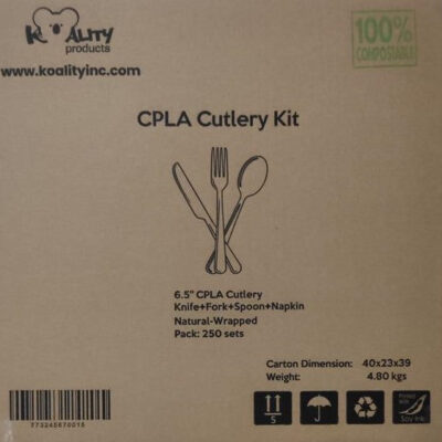 Compostable CPLA Cutlery Kit – Fork, Knife, Spoon, Napkin, 250 sets