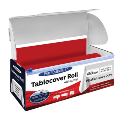 Plastic Heavy-Duty Table Cover Roll – Red, 54 in x 100 ft, With Cutters, 1 Roll/Box