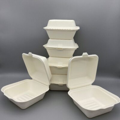 White Sugarcane Bagasse Container – Wide, 6″ x 6″ x 3″, 400 pcs