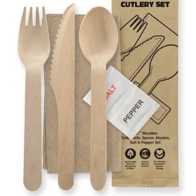 Wooden Cutlery Kit – Fork, Knife, Spoon, Napkin, Salt, Pepper, 500 sets