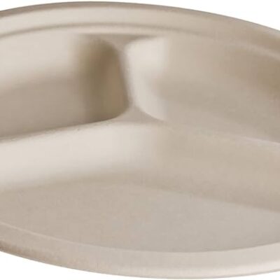 Ecomate Sugarcane Round Plate – 3-Comp, 10″, 500 pcs