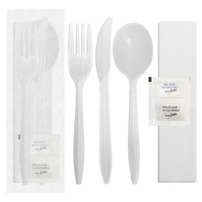 Table Accents – Plastic, 500pcs, 6-Piece Food Kit – Fork, Knife, Soup Spoon, Napkin, Salt & Pepper Packet