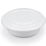 White Round Take-Out Microwaveable Container with Clear Lid – 9″, 48 oz, 150 Sets/Case