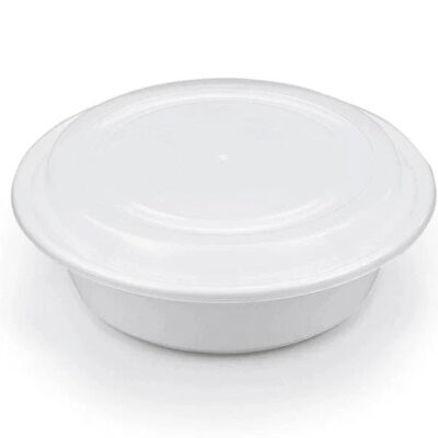 White Round Take-Out Microwaveable Container with Clear Lid – 9″, 48 oz, 150 Sets/Case